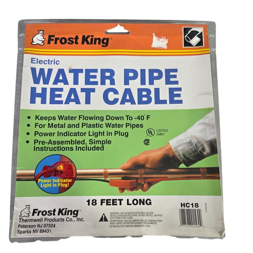 Frost King Electric Water Pipe Heat Cable 18 Feet For Metal & Plastic Pipes